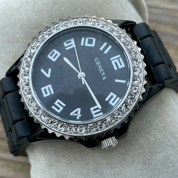 Geneva Women Fashion Wrist Watch Black Rubber Band Analog Crystals Accent Bezel